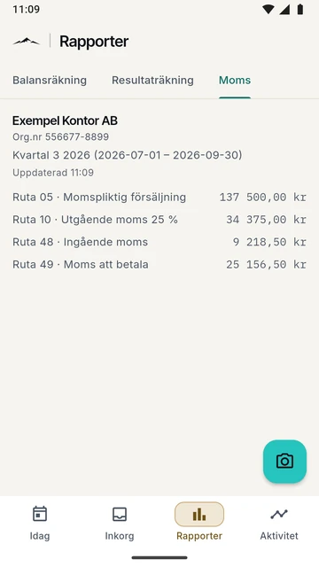 Appens Rapporter, fliken Moms, med exempeldata