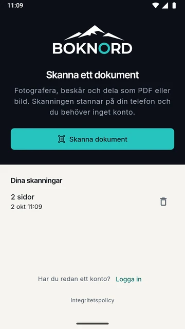 Appens skanner utan konto, med exempeldata
